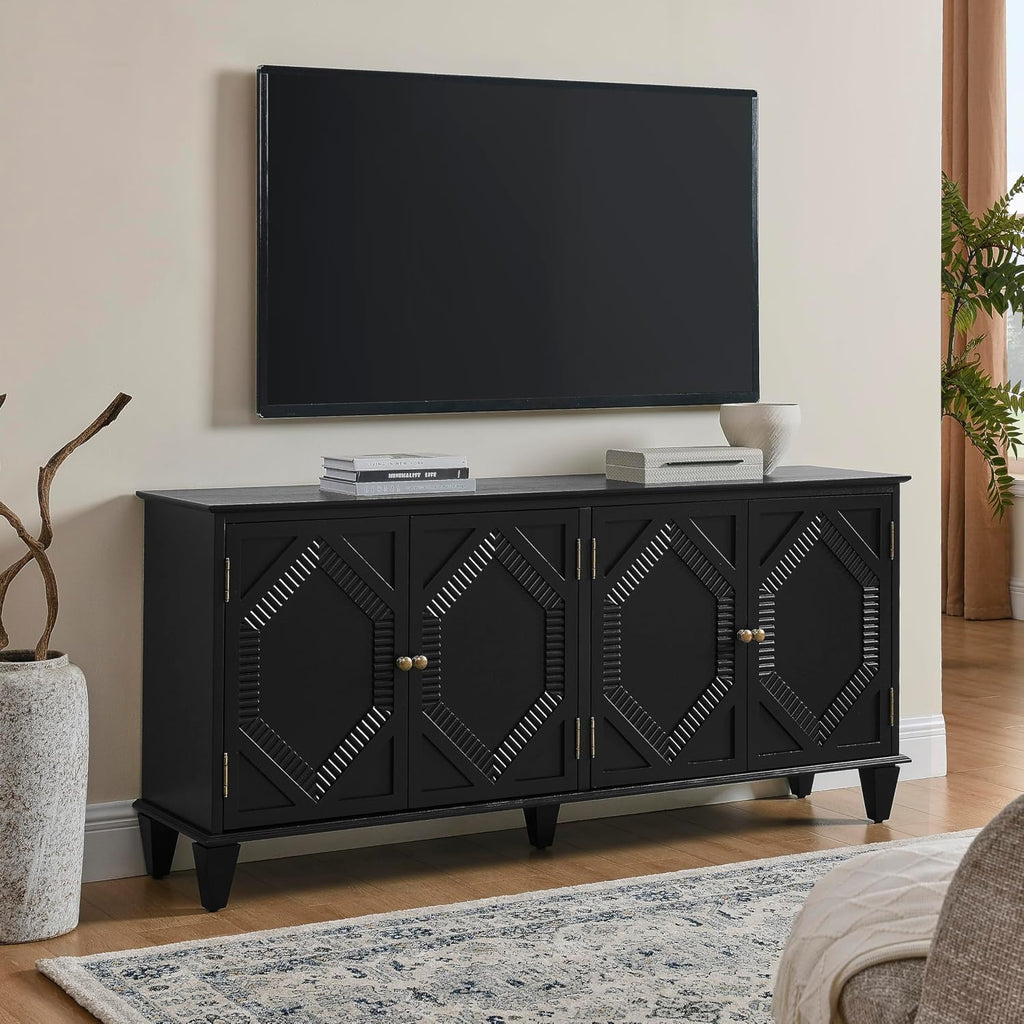 KEIKI 65.2" Mid Century Modern Sideboard Buffet Cabinet with Storage, Walnut Credenza Console Table with Adjustable Shelf, Farmhouse Coffee Bar Wine Cabinet for Living Room, Entryway, Kitchen, Black