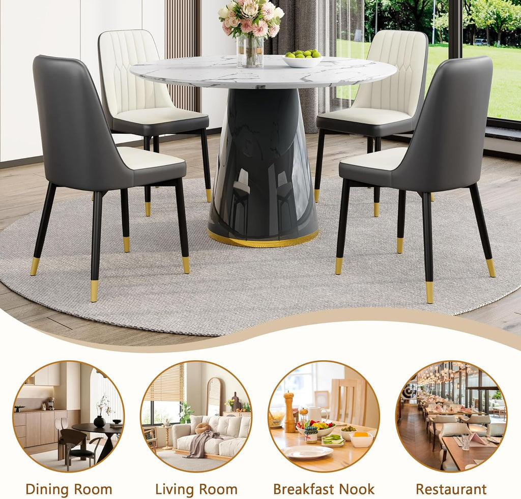 Round Dining Table Set for 4, 45''Marble Grain Dining Room Table Set for 4 with Upholstered Chairs, Modern Dinner Table Set for Kitchen Dining Room