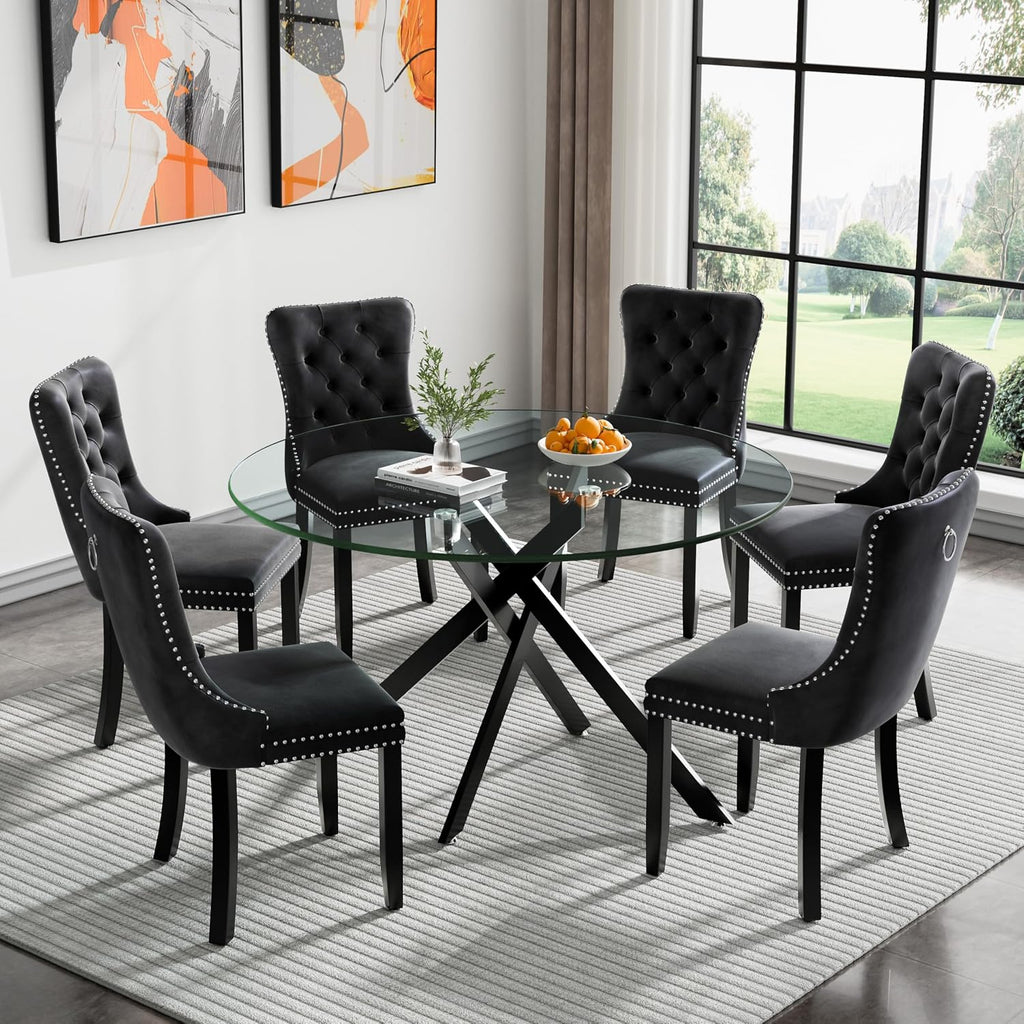 47" Round Glass Dining Table for 4-6, Circle Kitchen Table with Tempered Glass Top & Black Metal Cross Legs, Modern Glass Dinner Table for Kitchen Dining Room Small Apartment