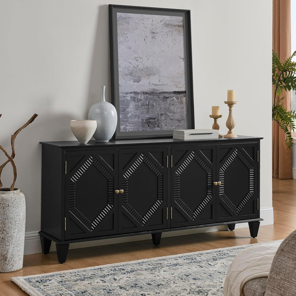 KEIKI 65.2" Mid Century Modern Sideboard Buffet Cabinet with Storage, Walnut Credenza Console Table with Adjustable Shelf, Farmhouse Coffee Bar Wine Cabinet for Living Room, Entryway, Kitchen, Black