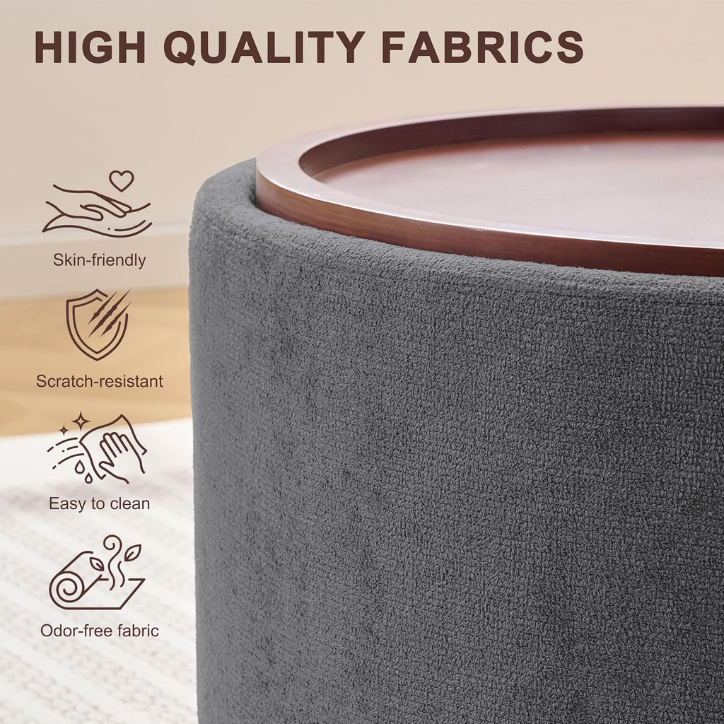 29.1 Inch Round Ottoman Coffee Table, Ottoman with Storage, Boucle Grey | Storage Ottoman with Removable Lid Top, Solid Wood Legs, Round Ottoman for Living Room, Bedroom, Apartments