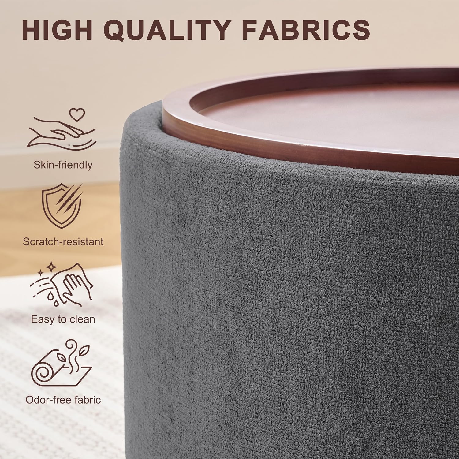 29.1 Inch Round Ottoman Coffee Table, Ottoman with Storage, Boucle Grey | Storage Ottoman with Removable Lid Top, Solid Wood Legs, Round Ottoman for Living Room, Bedroom, Apartments
