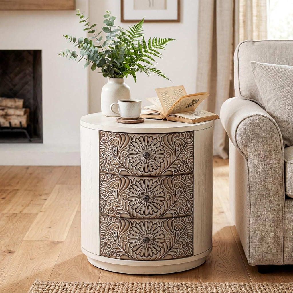 HOMPUS Round End Table Set 2, Fully Assembled Nightstand w 3 Storage Drawers, Farmhouse Wood Dresser Set of 2, Vintage Nightstand Bedside Tables, Aceent End Tables for Bedroom, Rustic White