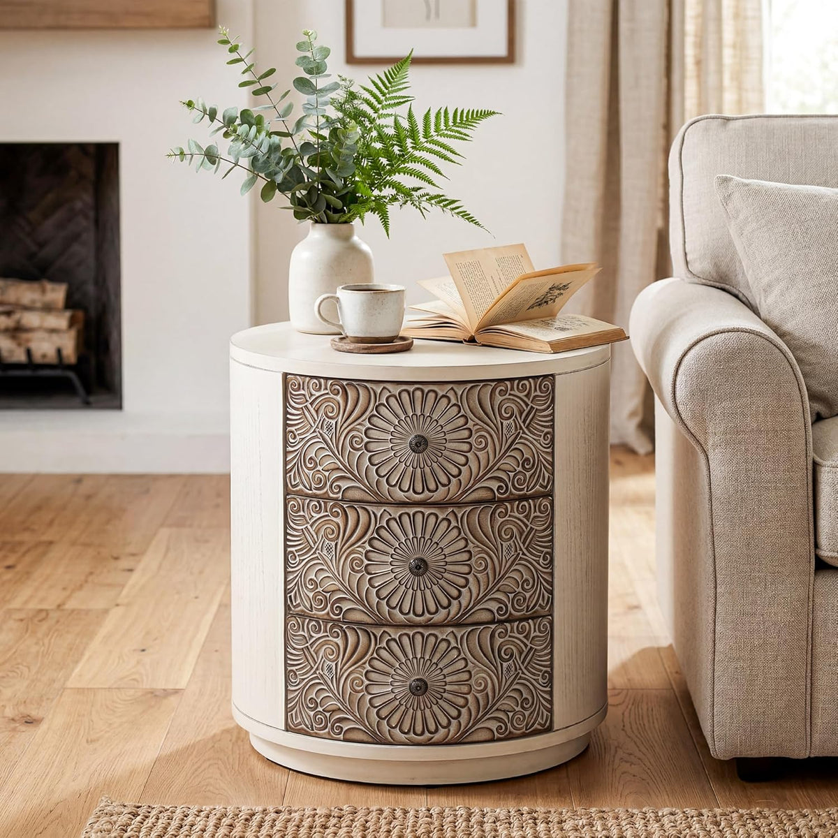 HOMPUS Round End Table Set 2, Fully Assembled Nightstand w 3 Storage Drawers, Farmhouse Wood Dresser Set of 2, Vintage Nightstand Bedside Tables, Aceent End Tables for Bedroom, Rustic White