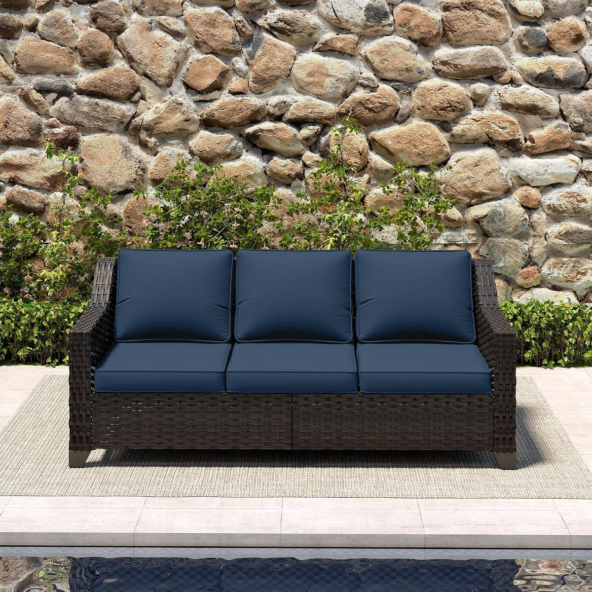 Outdoor Couch, Wicker Outdoor Conversation Set | Patio Couch with Olefin Removable Cushion, All-Weather Wicker Sofa with Deep Seat for Porch, Deck and Backyard, Blue
