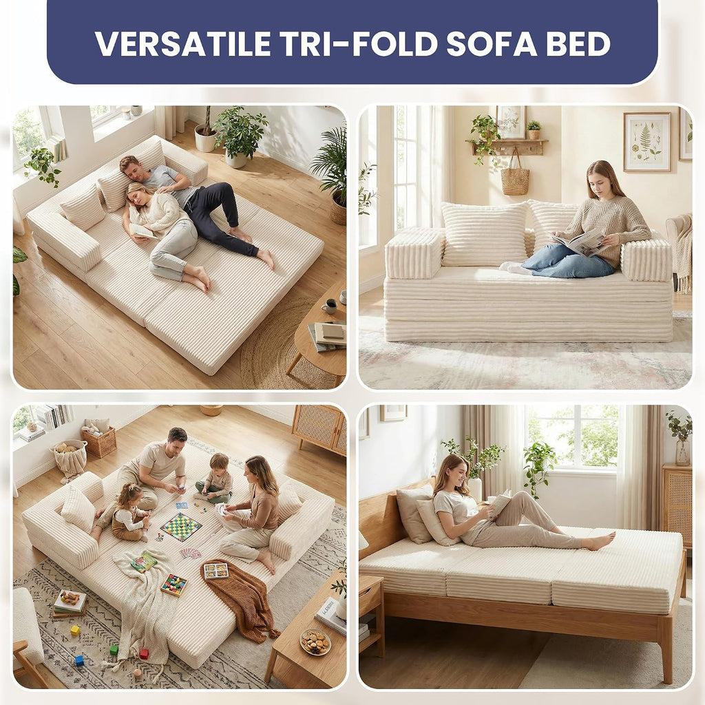 Convertible Sofa Bed, 4-in-1 Loveseat with Removable Armrests Backrest, Corduroy Futon Couch Bed with Pillow, Foldable Mattress Sleeper Sofa for Living Room Bedroom Small Place (Beige)