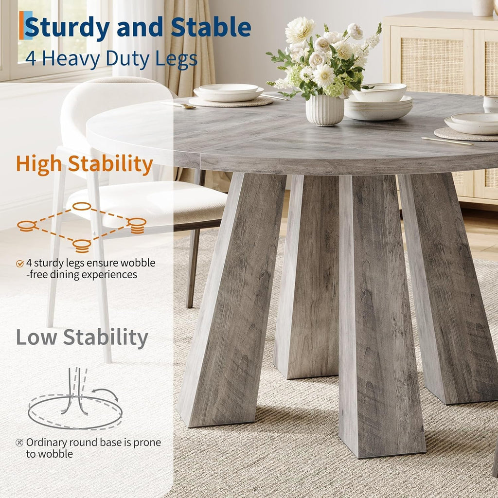 IDEALHOUSE 47" Round Dining Table for 4-6, Wood Kitchen Table with Sturdy Base, Farmhouse Circle Dinner Table for Dining Room, Living Room, 4 Strong Legs, Grey