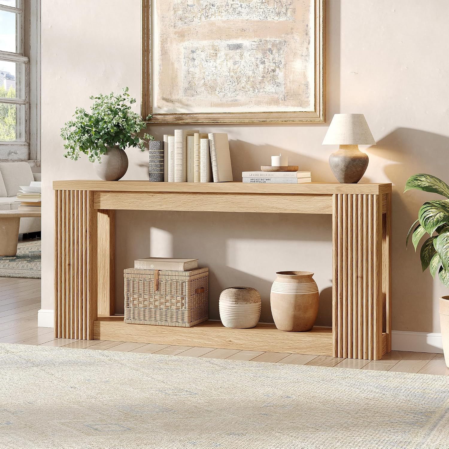 Maupvit Fluted Wooden Console Table with 2 Storage, 71 Inches Rectangular Entryway Table Behind The Couch, Farmhouse Boho Sofa Table for Entrance, Hallway, Living Room (Natural)