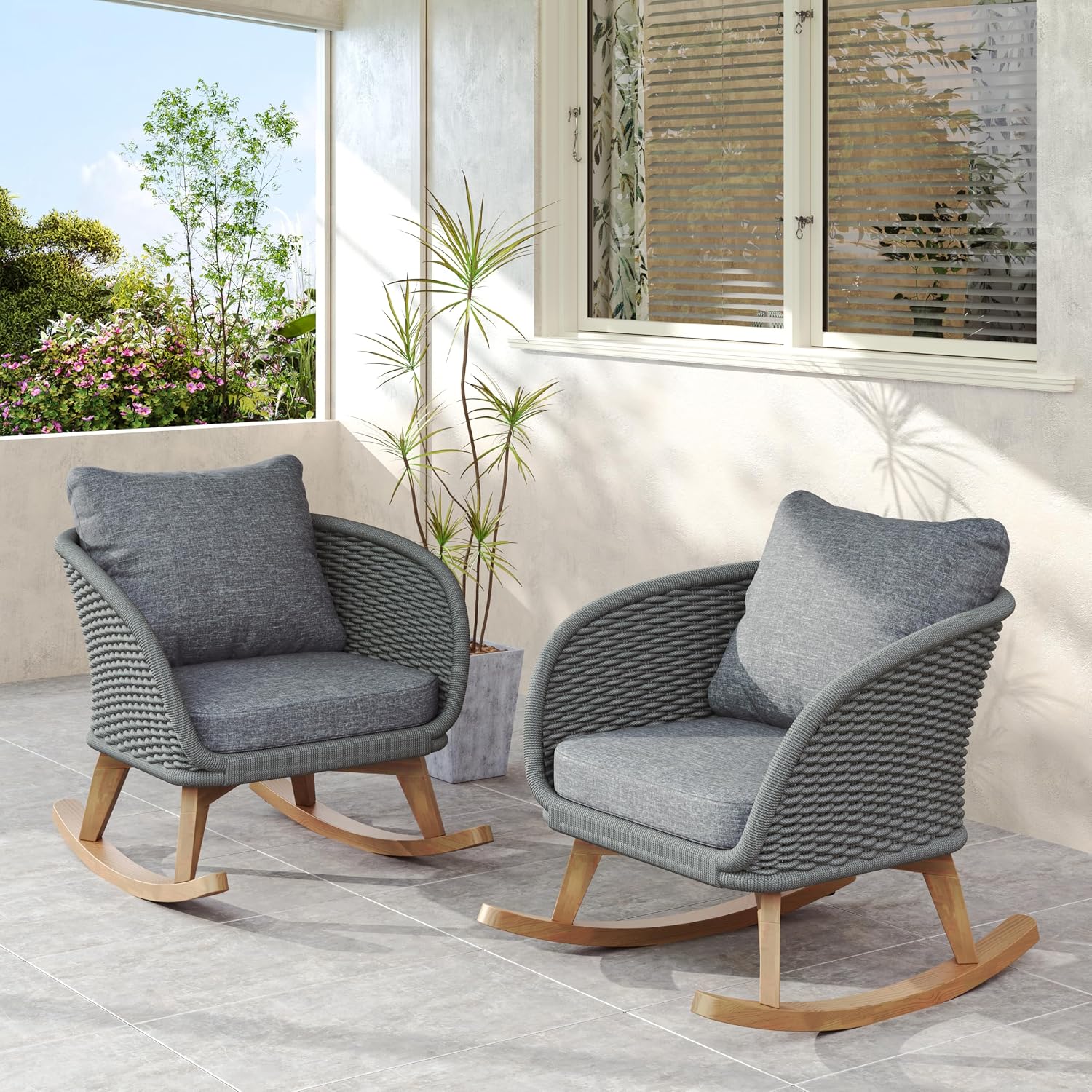 Set of 2 Gray Wicker Rocking Chairs: Contemporary Minimalist Design with Polyester Cushions & Wooden Frame - Indoor & Outdoor Use for Patio Balcony or Living Room