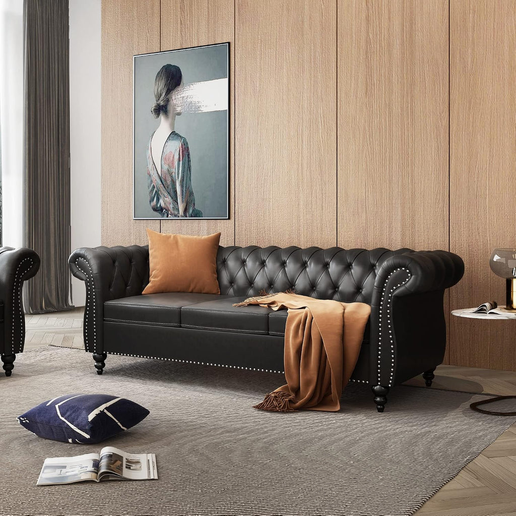 AVZEAR 84" Chesterfield Sofa 3-Seater, Classic Roll Arm PU Leather Couch with Button Tufted Back, Stain Resistant Upholstered Settee Large Sofa for Living Room, Black