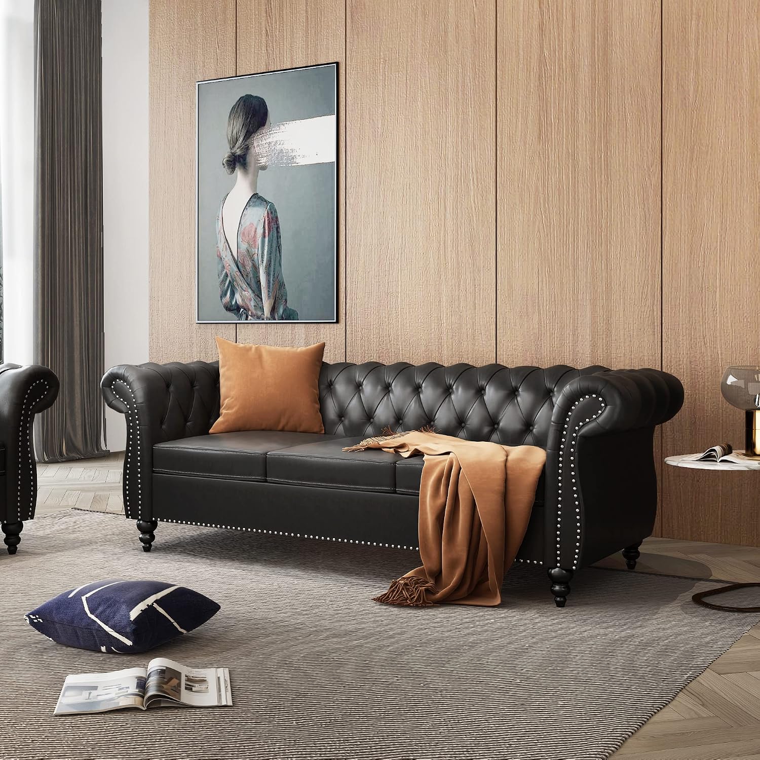 AVZEAR 84" Chesterfield Sofa 3-Seater, Classic Roll Arm PU Leather Couch with Button Tufted Back, Stain Resistant Upholstered Settee Large Sofa for Living Room, Black