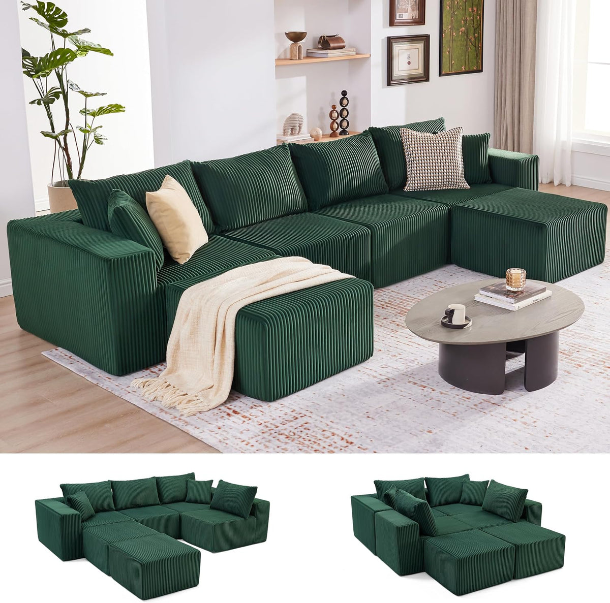 135.4" Sectional Couches for Living Room, U Shaped Couch, Green