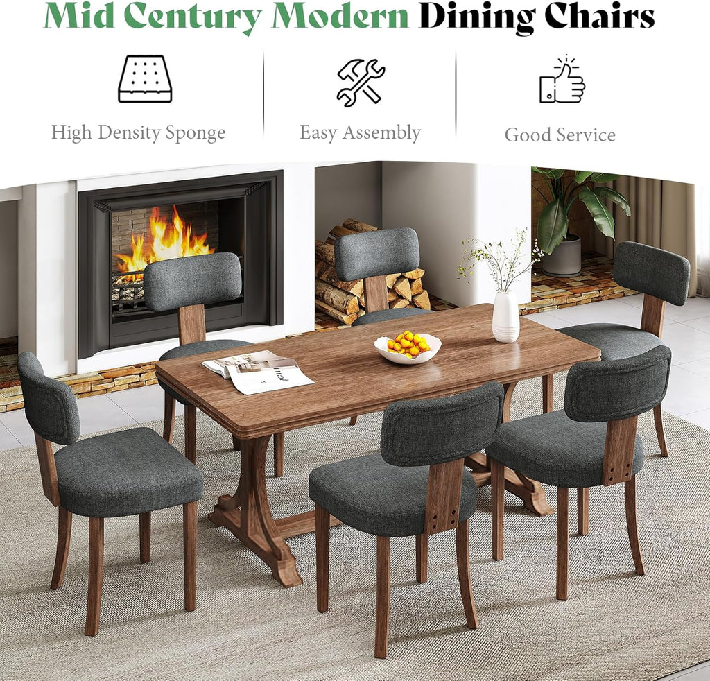 AMERLIFE Kitchen Chairs, Set of 4 Modern Linen Chairs with Upholstered Curved Backrest & Seat, Hardwood Frame, Dark Grey