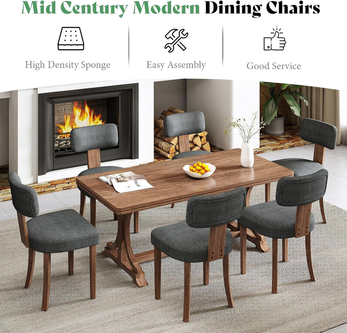 AMERLIFE Kitchen Chairs, Set of 4 Modern Linen Chairs with Upholstered Curved Backrest & Seat, Hardwood Frame, Dark Grey