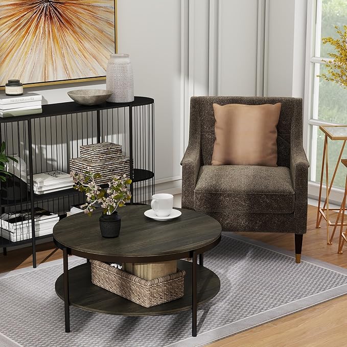 Manora Round Coffee Table with Storage Shelf, Rustic Wood Center Table with Black Metal Frame, Modern Circle Living Room Table for Small Spaces (Gray)