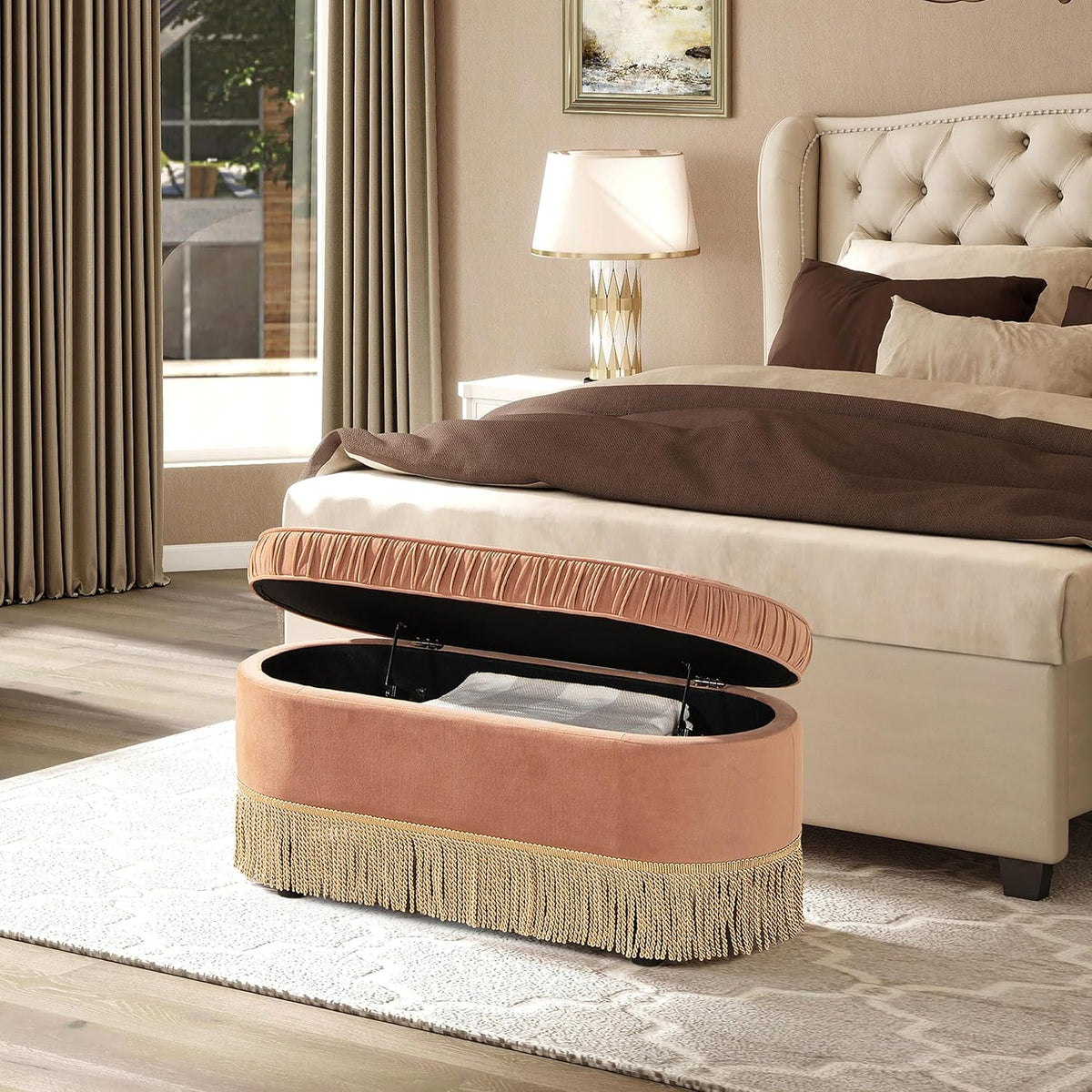 Jennifer Taylor Home Celeste 38" Oval Storage Bench Ottoman, Peach Orange Velvet