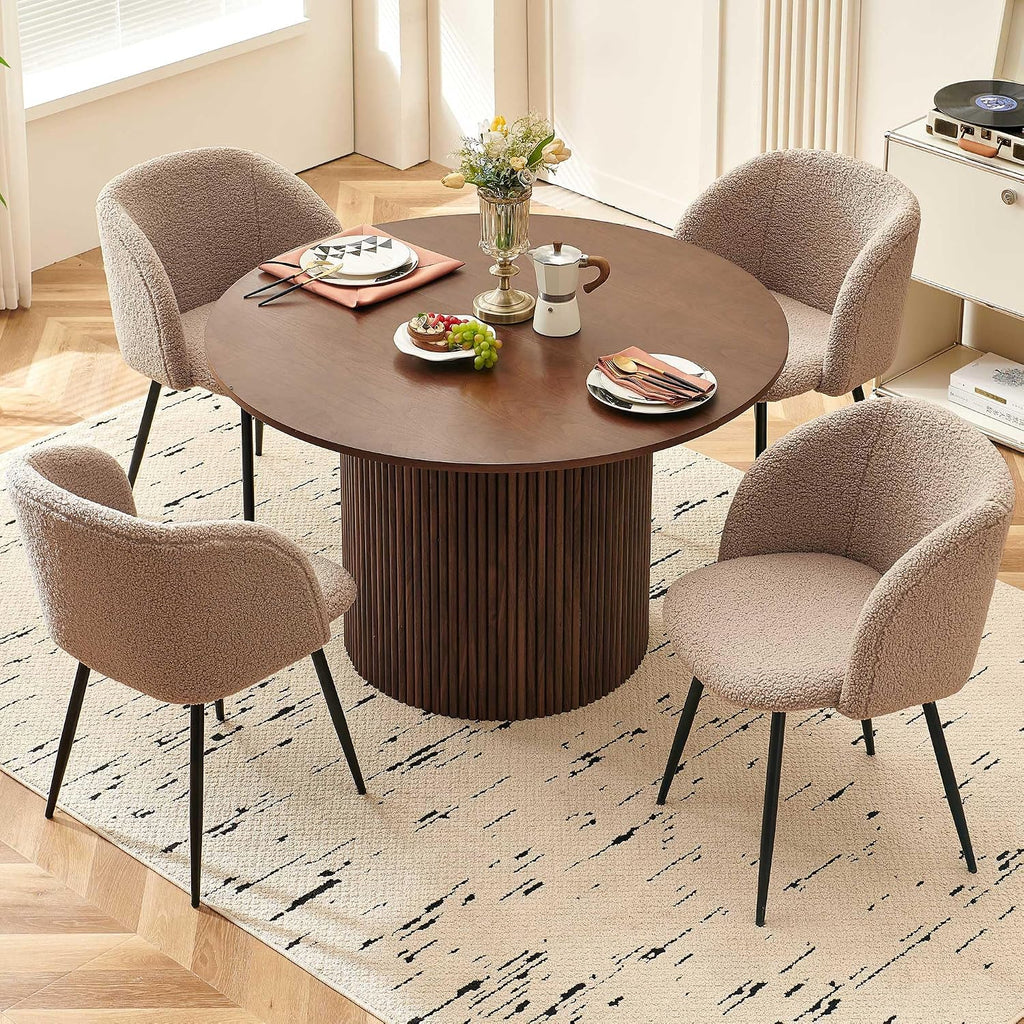 Homedot 47" Round Kitchen Dining Table Walnut for 4 with Veneer Tabletop | Farmhouse Dinner Table Fluted| Two-Part Tabletop| Rustic Circle Dining Table with Wooden Strip Base for Dining Living Room