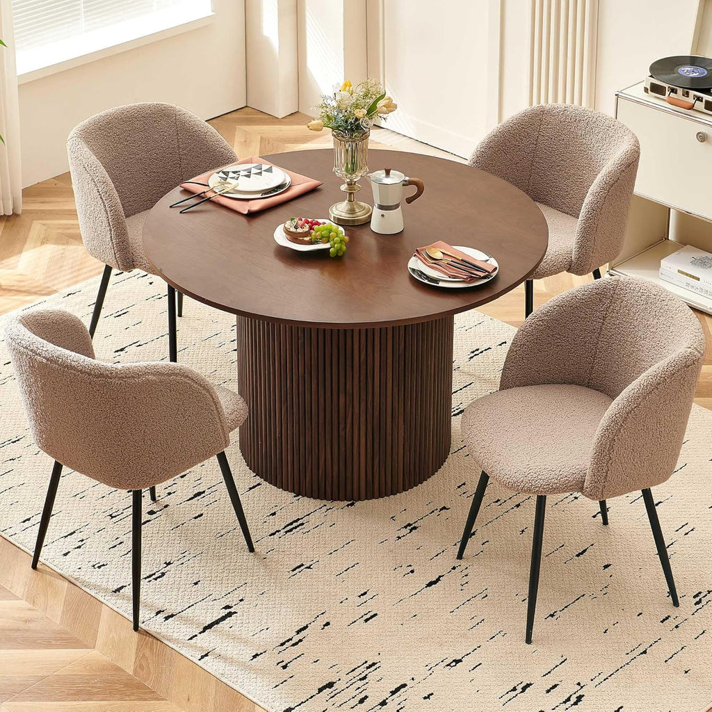 NORDICANA 5-Piece Wooden Round Dining Room Table and Chair Set, 47-Inch Kitchen Table with Barrel Chairs for 4, Brown Upholstered Sherpa Dining Set, MDF Core with Walnut Finish
