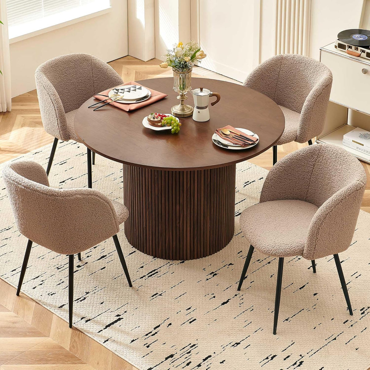 NORDICANA 5-Piece Wooden Round Dining Room Table and Chair Set, 47-Inch Kitchen Table with Barrel Chairs for 4, Brown Upholstered Sherpa Dining Set, MDF Core with Walnut Finish