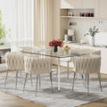 7 Piece Modern Dining Room Set, 51'' Luxury Minimalist Kitchen Table Set, 6 Person Clear Glass Top Rectangle Dinner Room Set, Beige Woven Dining Chair for Home Living Room Small Place (Silver)