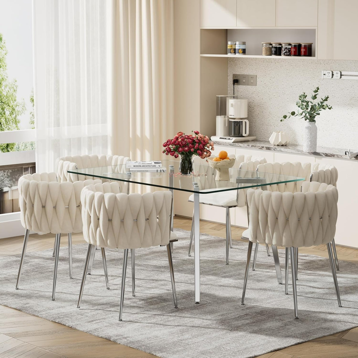 7 Piece Modern Dining Room Set, 51'' Luxury Minimalist Kitchen Table Set, 6 Person Clear Glass Top Rectangle Dinner Room Set, Beige Woven Dining Chair for Home Living Room Small Place (Silver)