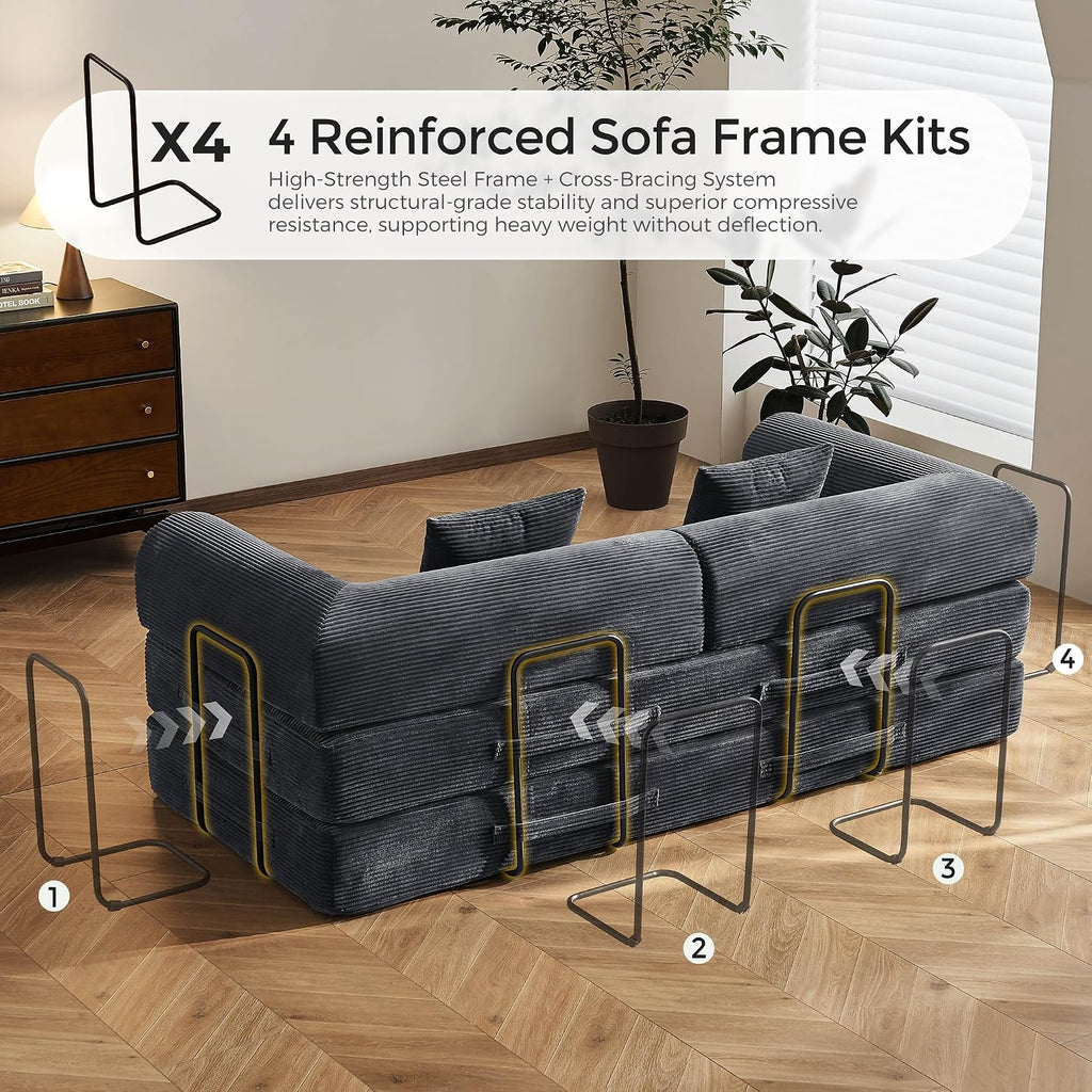 79" Convertible Futon Sofa Bed, Couch for Living Room | Dark Gray | Folding Corduroy Sleeper Sofa, Modular Futon Couch with Fixed-Shape Frame, Pull Out Couch No Assembly