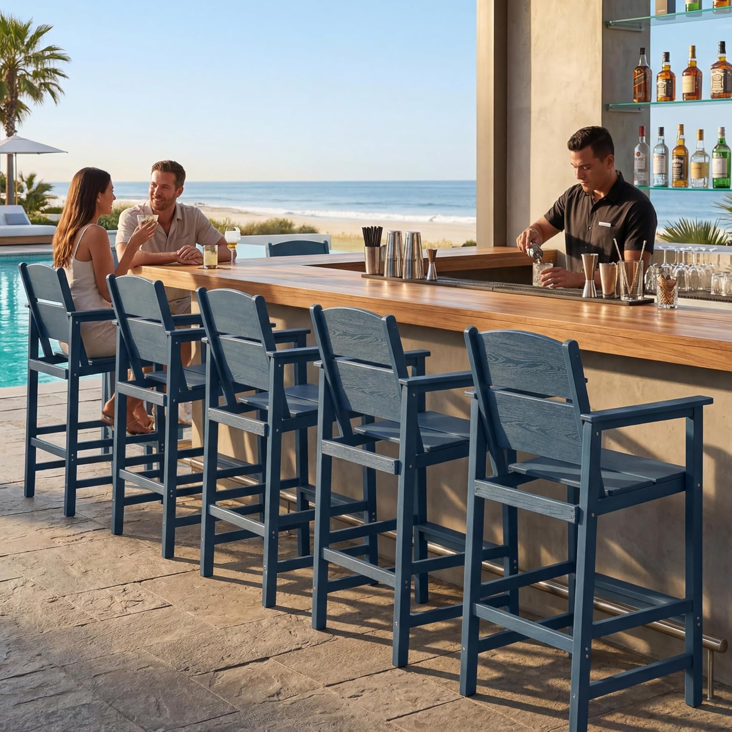 6 Pack Outdoor Bar Stools, HDPE Patio Bar Chairs with Armrests & Footrest, Weather Resistant All-Weather Counter Height Chairs for Outdoor Deck, Backyard, Poolside,Blue