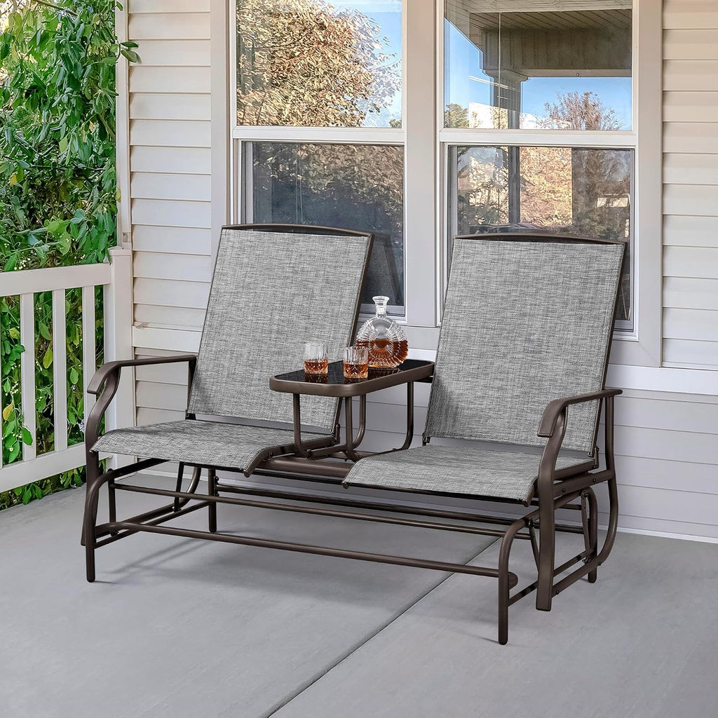 Yaheetech Outdoor Glider Bench Patio Loveseat with Table, Gray | Steel frame, Texteline fabric and tempered glass table provide comfort, easy assembly, and roomy two-person outdoor seating.