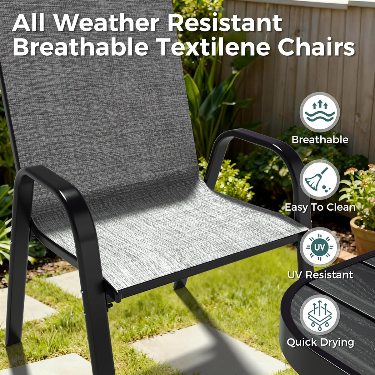 Pamapic Outdoor Dining Sets for 6, Rectangular Steel Slat Table with 6 Textilene Chairs, 7 Piece Patio Table and Chairs Set with Umbrella Hole for Patio, Backyard, Poolside (Grey, No Umbrella)