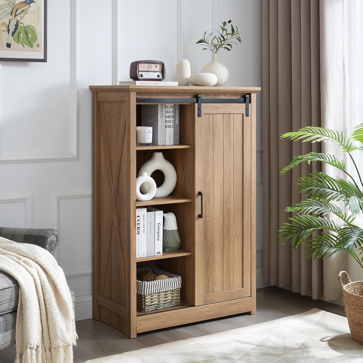 Elountik Farmhouse Modern Tall Dresser with Sliding Barn Door and 5 Drawers, Storage Organizer for Bedroom, Living Room, Hallway, Kids Room in Oak Finish
