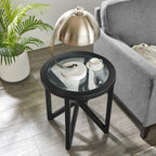 22 inch Round Side Table, Tempered Glass End Table with Solid Wood Base for Living Room, Black