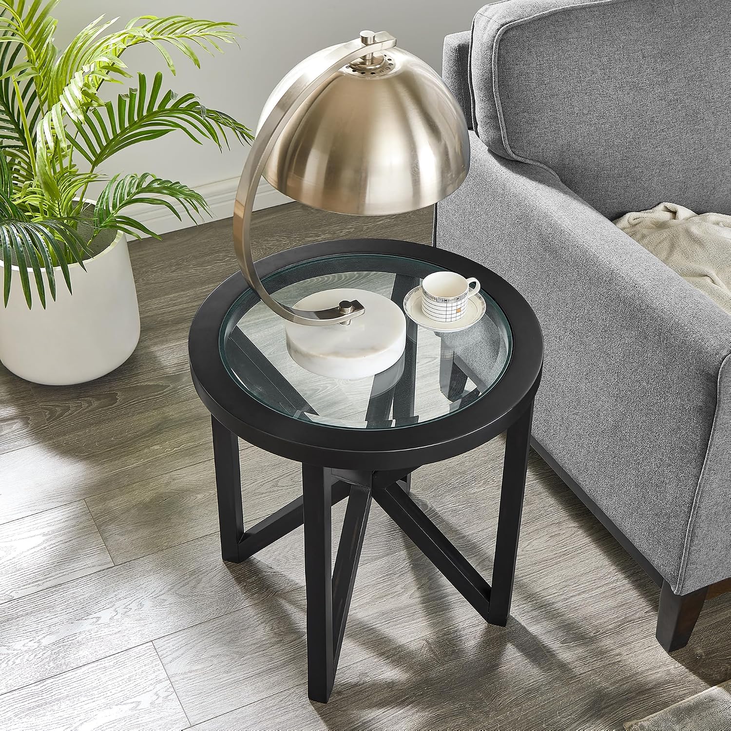 22 inch Round Side Table, Tempered Glass End Table with Solid Wood Base for Living Room, Black