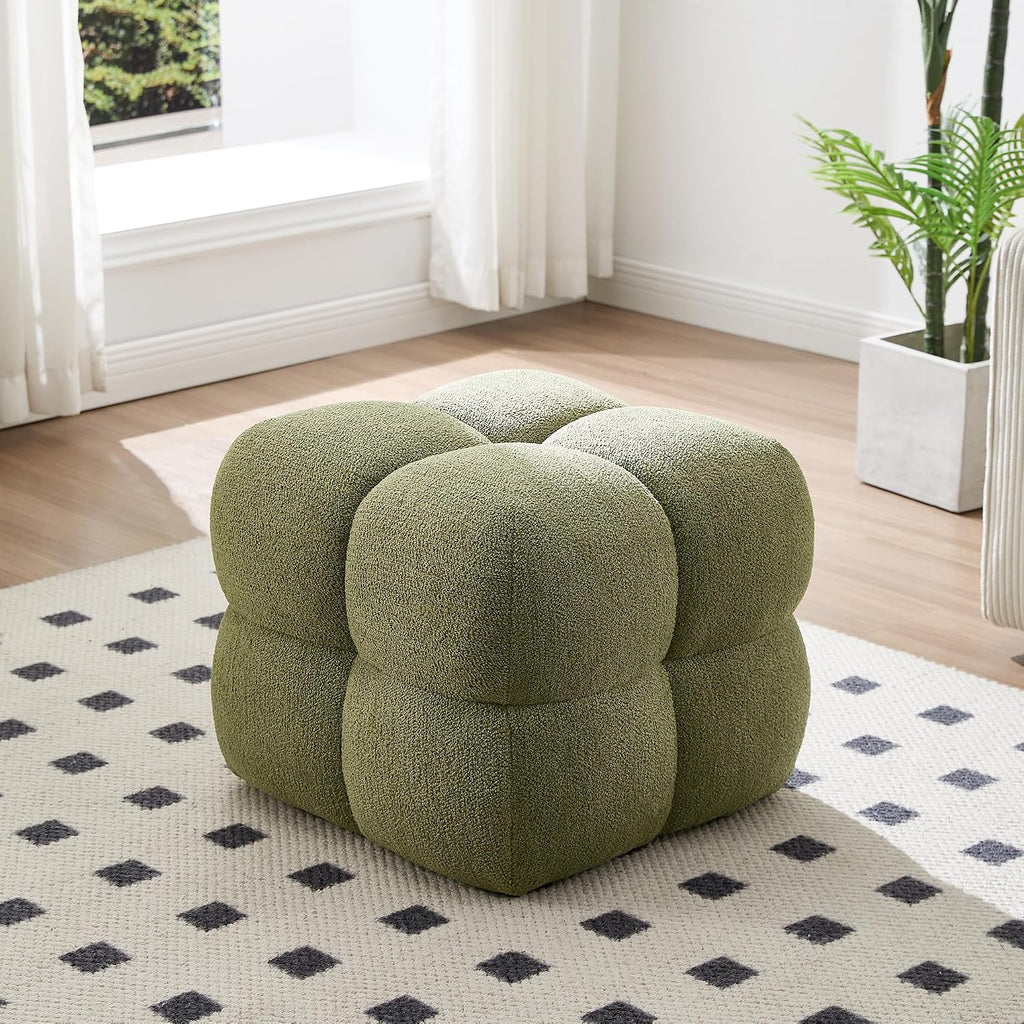 Zesthouse Square Pouf Ottomans Set of 2, Modern Vanity Chair for Bedroom | Boucle Fabric Foot Rest for Couch, Upholstered Tufted Footstool, Poofy Ottoman Seat for Living Room Dorm Fluffy Ottoman Green