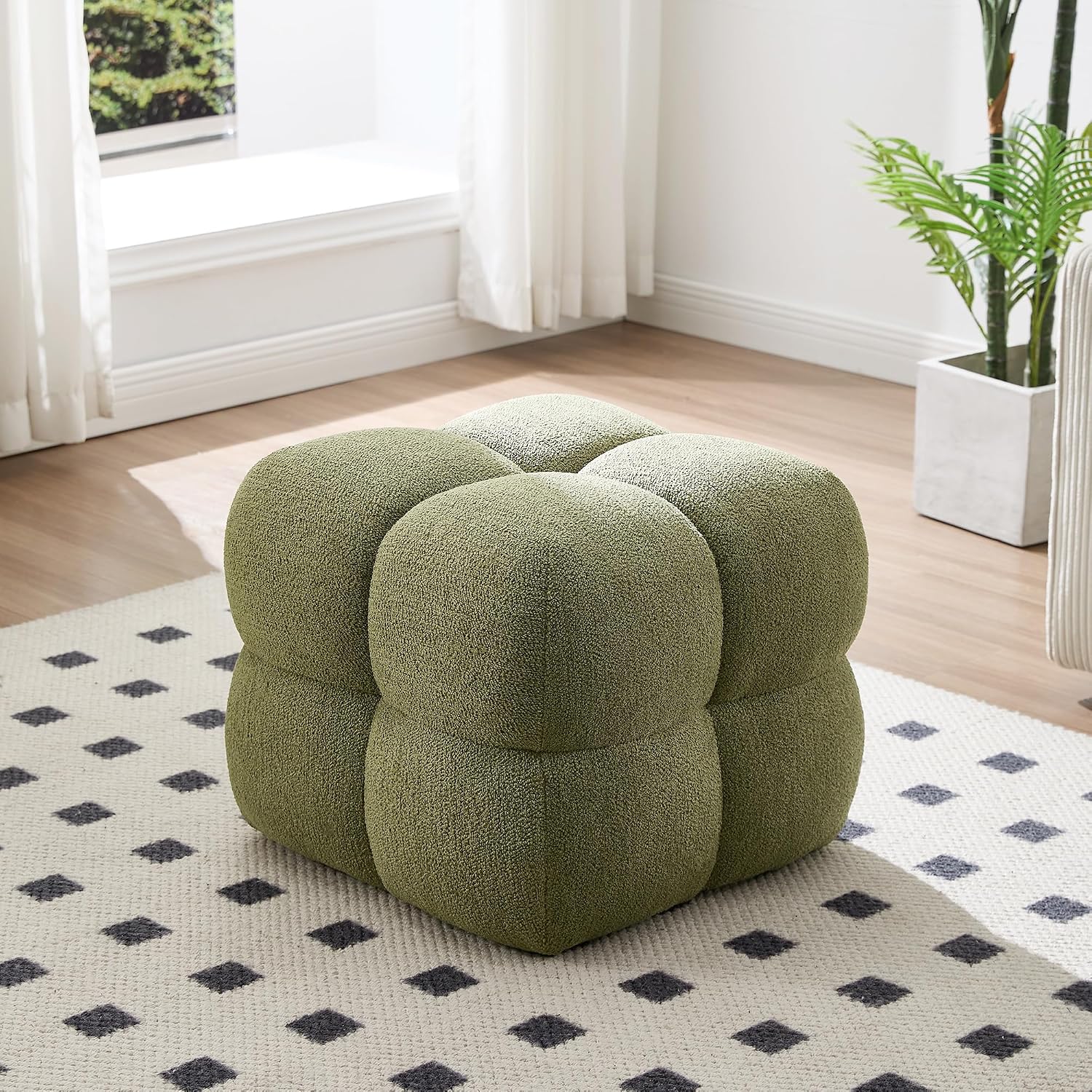 Zesthouse Square Pouf Ottomans Set of 2, Modern Vanity Chair for Bedroom | Boucle Fabric Foot Rest for Couch, Upholstered Tufted Footstool, Poofy Ottoman Seat for Living Room Dorm Fluffy Ottoman Green