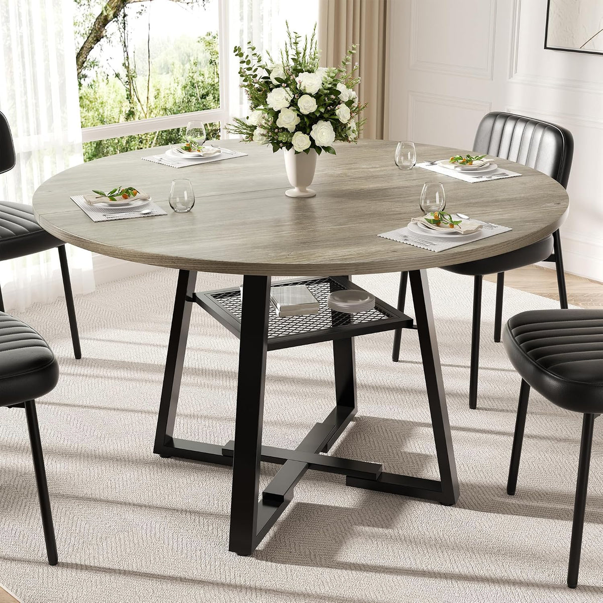 Round Dining Table for 4-6 People,47 Inch Dining Room Table,Modern Circle Kitchen Table with Storage Shelf and Metal Legs for Dining Room,Kitchen,Grey (Table Only)