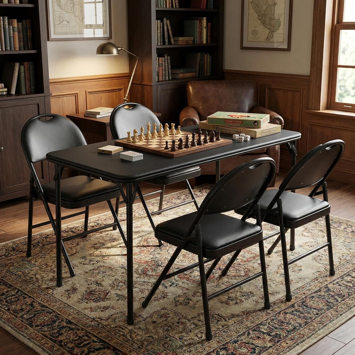 IDEALHOUSE 5 Piece Protable Folding Card Table and Chairs Set, Black | Foldable PU Upholstered Table and Chairs Set of 5, Metal Frame, for Dining Room, Living Room, Office, Camping
