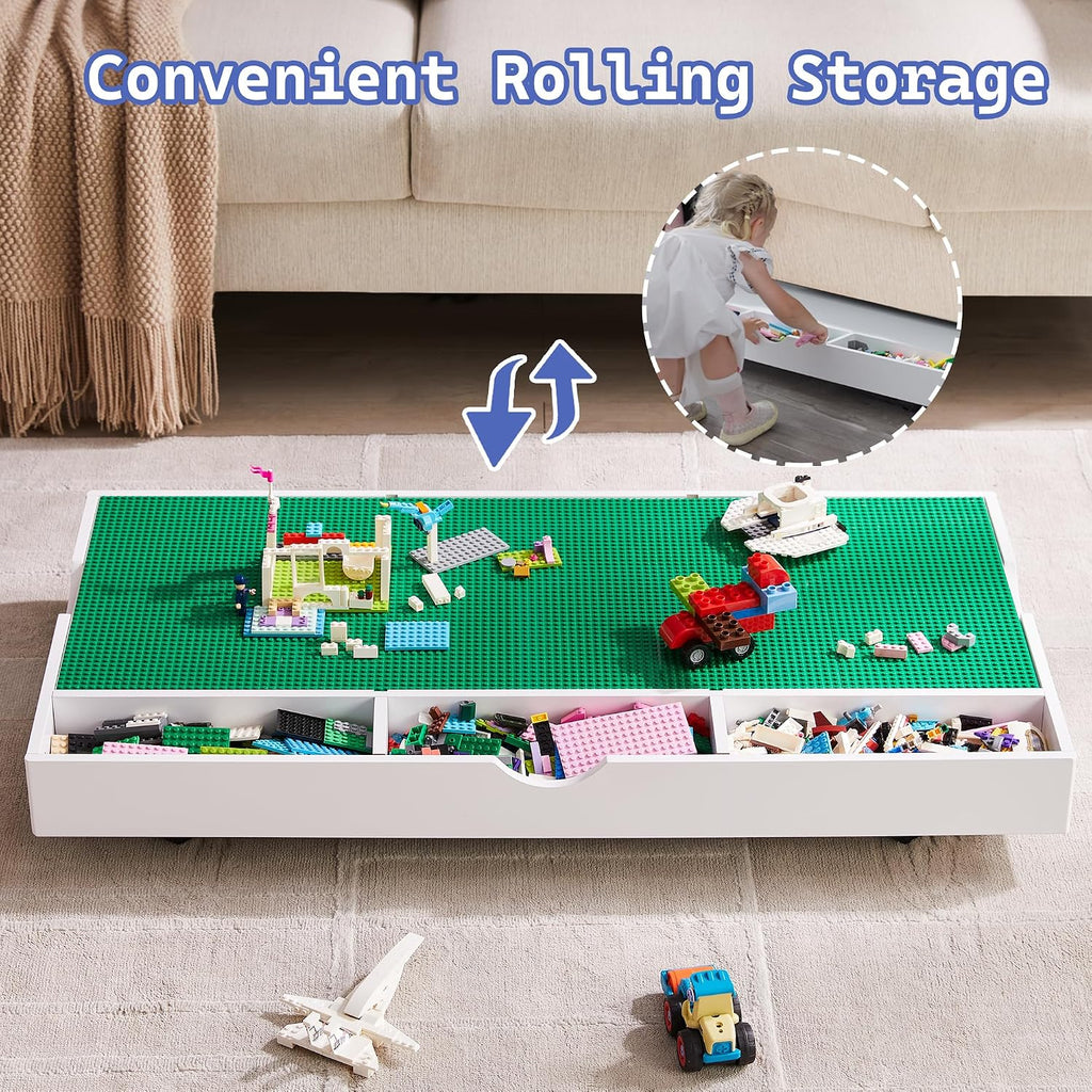 3 in 1 Construction Play Table Compatible with Lego, Game Table with Block Board and Train Car, Rolling Game Table with Locking Wheels and Storage Space, Suitable for Storing Under Bed or Sofa (White)