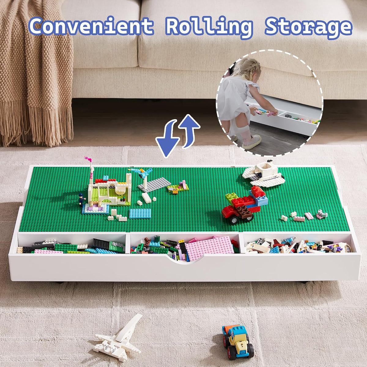 3 in 1 Construction Play Table Compatible with Lego, Game Table with Block Board and Train Car, Rolling Game Table with Locking Wheels and Storage Space, Suitable for Storing Under Bed or Sofa (White)