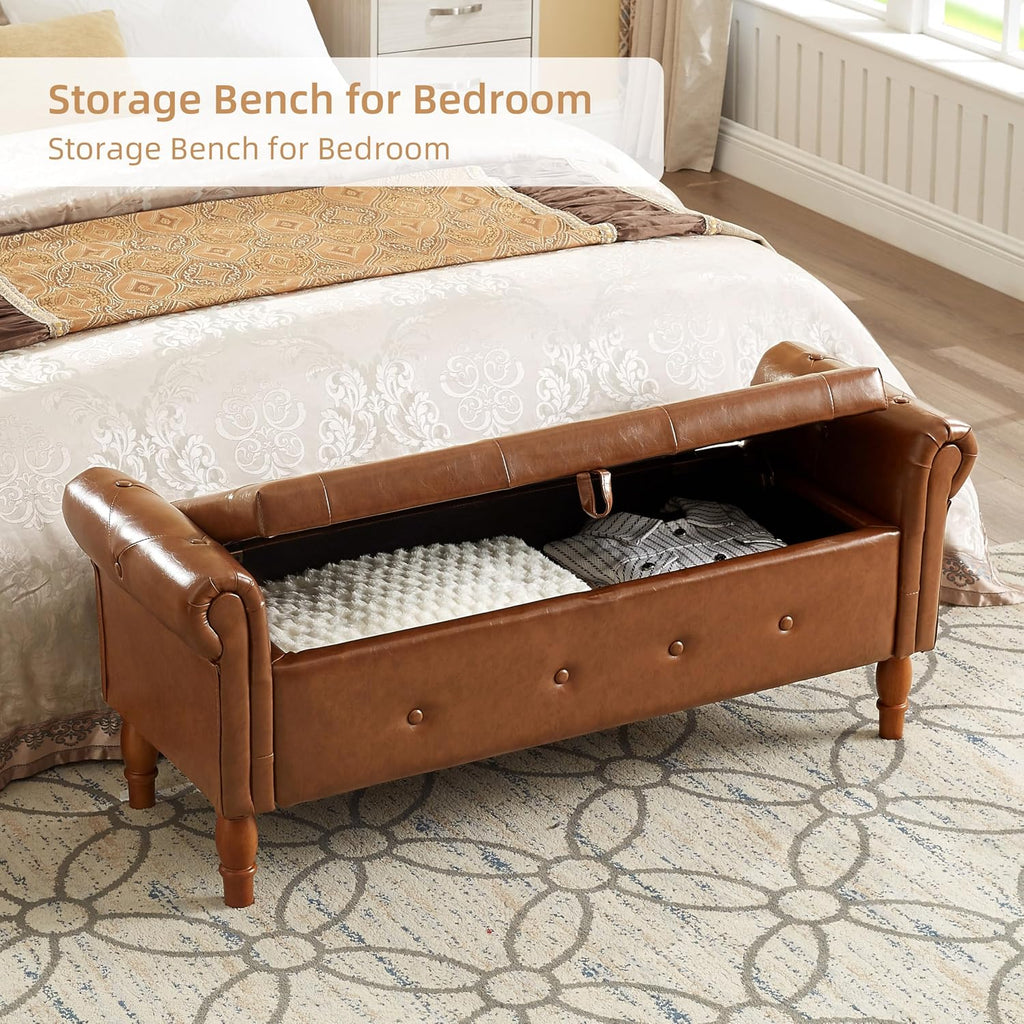 Storage Ottoman Bench, 50" Modern Upholstered End of Bed Bench, Faux Leather Rolled Armed Button-Tufted Ottoman with Storage for Living Room, Entryway, Window, Brown