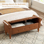 Storage Ottoman Bench, 50" Modern Upholstered End of Bed Bench, Faux Leather Rolled Armed Button-Tufted Ottoman with Storage for Living Room, Entryway, Window, Brown