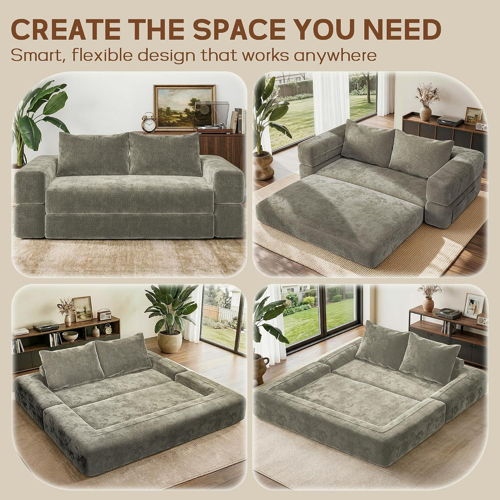 75'' Folding Convertible Sofa Bed with Large Pillow, 4-in-1 Foldable Pull Out Futon Sofa Bed, Chenille Mattress Couch, No Assembly Floor Sleeper Sofa Bed for Living Room/Bedroom, Light Brown