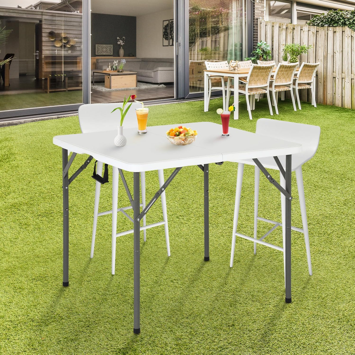 FDW | 34" Folding Table | White | Portable Plastic Table | with Carry Handle | Waterproof & Foldable Table Design | Steel Frame with Lock | for Events, Camping, Indoor & Outdoor Use