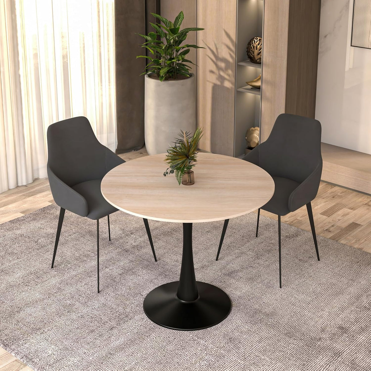 LeisureMod 35" Round Dining Table with Sintered Stone Top – Modern Black Pedestal Base Mid-Century Café Table for Kitchen & Dining Room