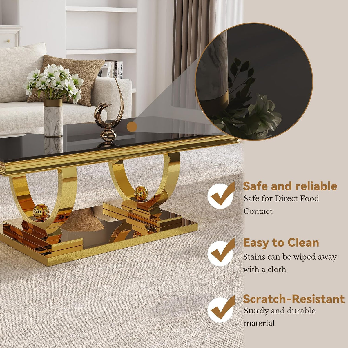 Coffee Table Set of 3, Coffee Table and 2 End Table, Gold/Black | Modern Living Room Table Set of 3, Tempered Glass Top, Stainless Steel Base with Mirror Finish, Easy to Clean & Assembly