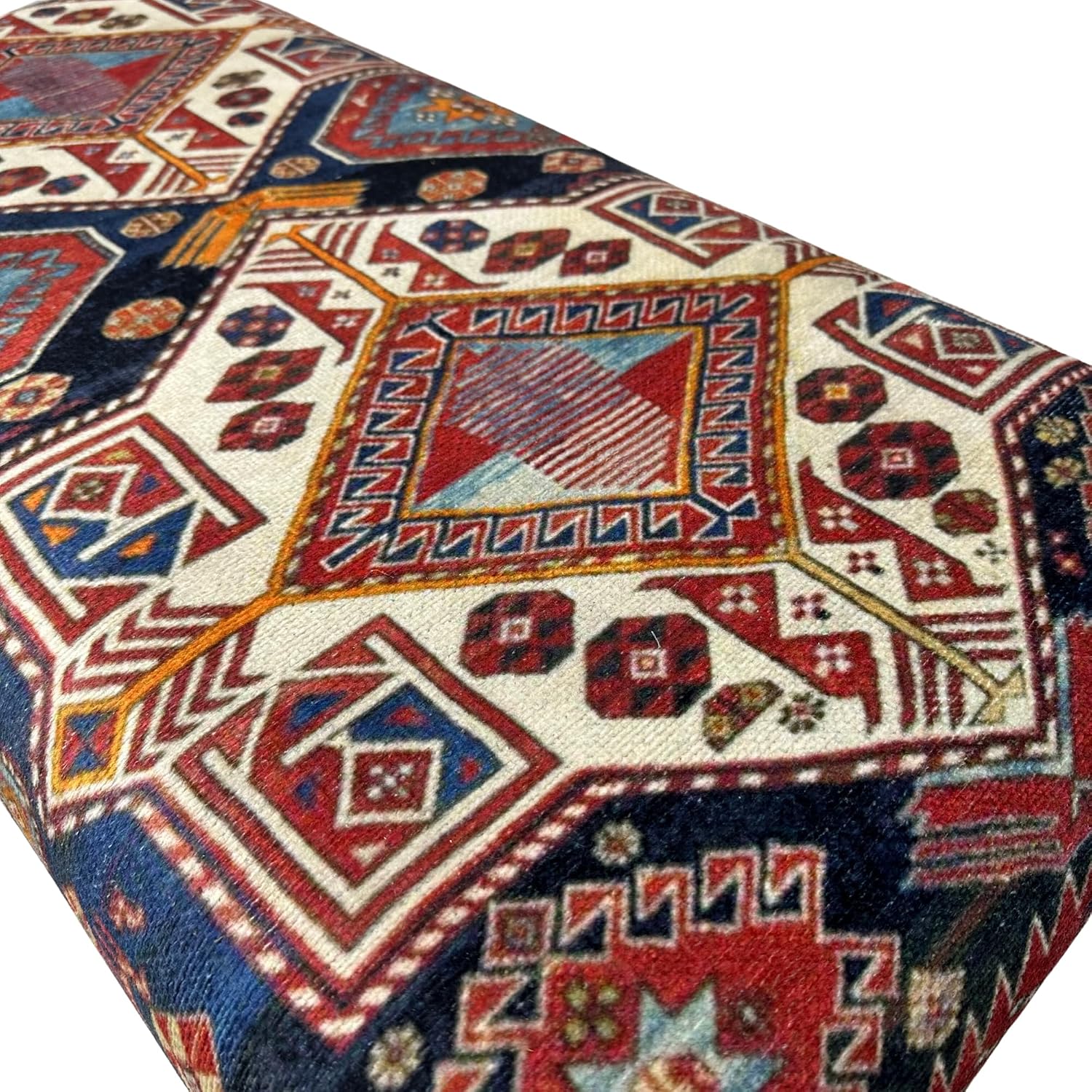 Animal Print Rug Upholstered Ottoman, Boho Piano Bench, Decorative Wood Bench, Farmhouse Bench, Red Blue Entry Bench, Kitchen Dining Bench, Footstool (18x18x36, Red-Blue)