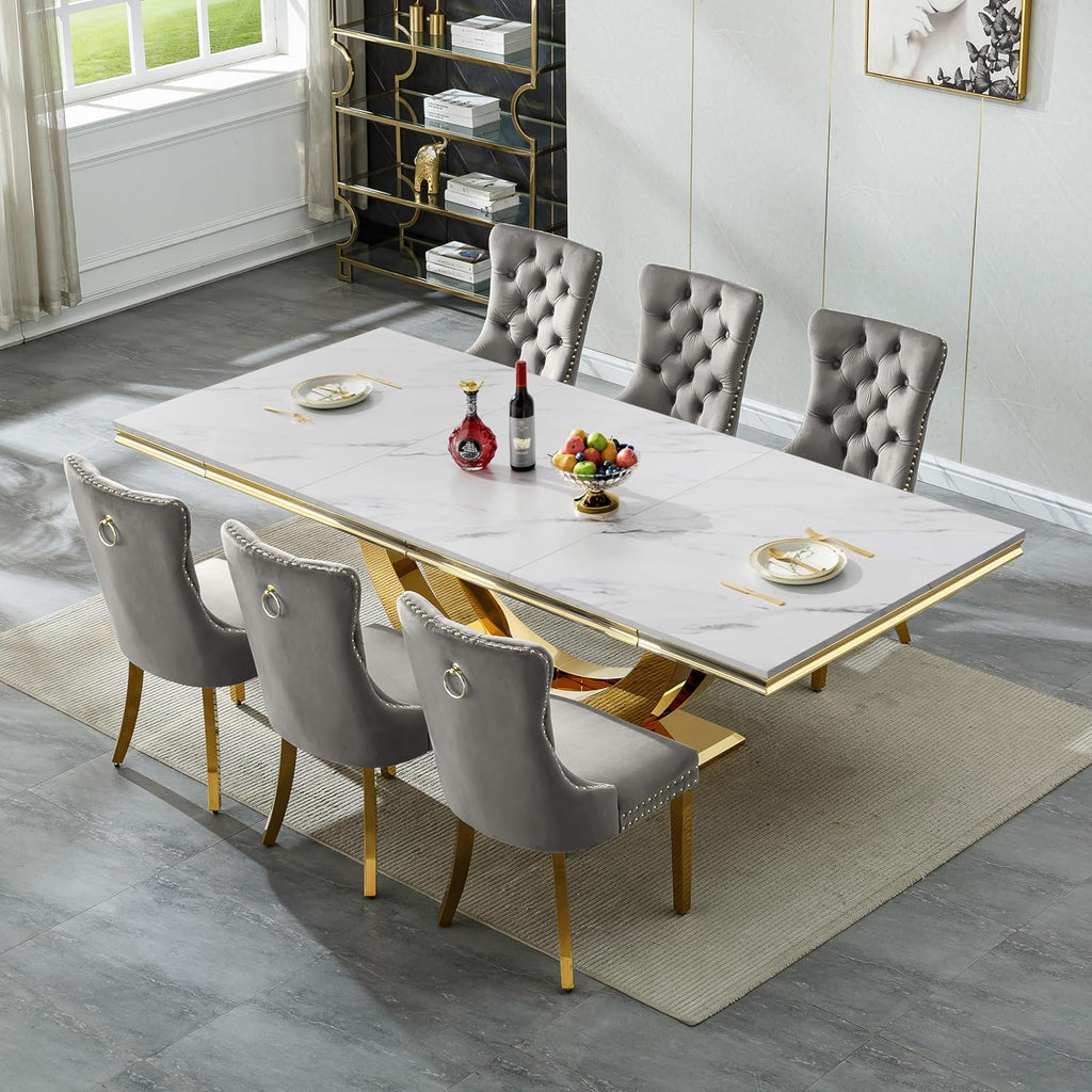 7 Piece Marble Dining Table Set for 6, 94 inch Large White Faux Marble Table with Gold U Shaped Stainless Steel Base, Modern Kitchen Dining Room Table Set for 6 with Grey Upholstered Velvet Chairs