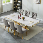 7 Piece Marble Dining Table Set for 6, 94 inch Large White Faux Marble Table with Gold U Shaped Stainless Steel Base, Modern Kitchen Dining Room Table Set for 6 with Grey Upholstered Velvet Chairs
