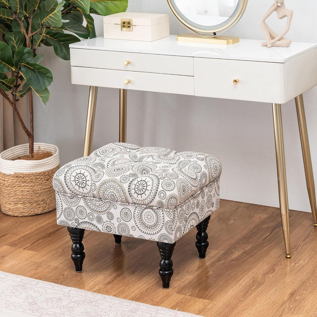 Adeco 20-inch Tufted Ottoman Stool with Wood Legs, Upholstered Foot Rest for Living Room & Bedroom, Mid-Century Boho Accent Stool, Teal Paisley Floral