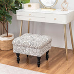 Adeco 20-inch Tufted Ottoman Stool with Wood Legs, Upholstered Foot Rest for Living Room & Bedroom, Mid-Century Boho Accent Stool, Teal Paisley Floral