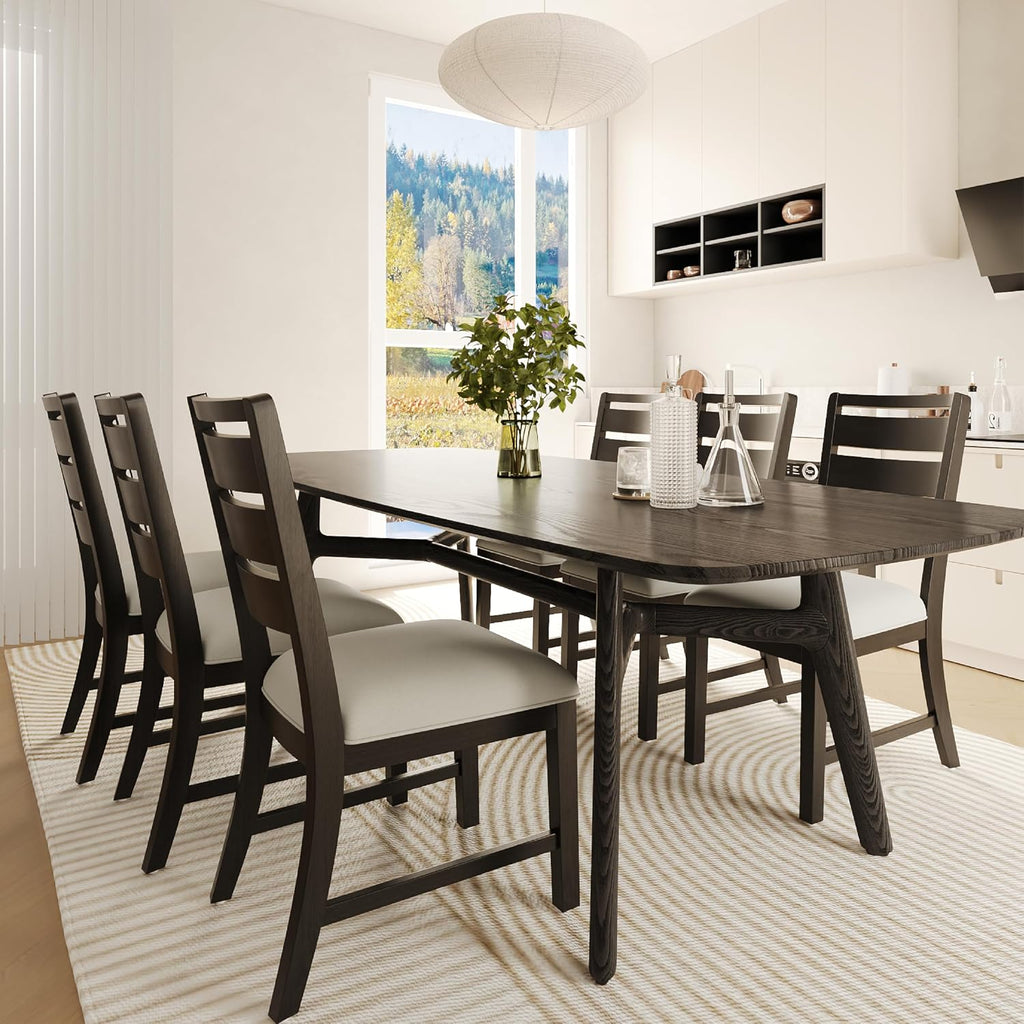 COLAMY Wooden Dining Chairs Set of 6, Farmhouse Upholstered Dining Room Chairs with 3.5" Thick Cushion, FSC Solid Wood Ladder Back Kitchen Chairs for Home and Restaurant, Easy Clean,Black
